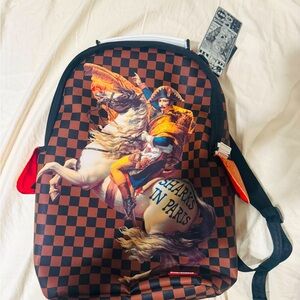 Sprayground Brown Checkered Backpack with Artistic Print